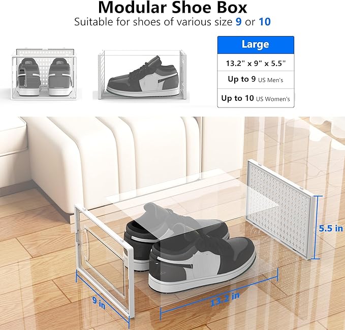 12 Pack Large Modular Clear Plastic Stackable Shoe Storage Organizer for Closet, Space Saving Versatile Sneaker Shoe Rack Containers Bins Holders, Portable Closet Organizers and Storage, White