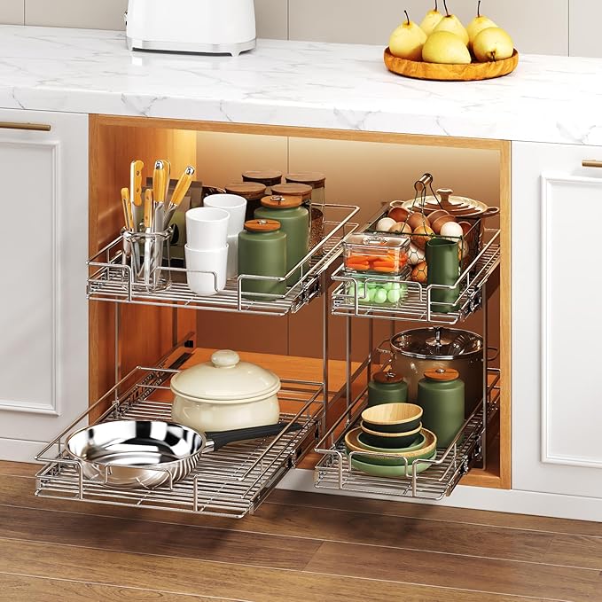 2 Tier Individual Pull Out Cabinet Organizer 19½" W x 21½" D, Heavy Duty Cabinet Pull Out Shelves, Slide Out Drawers Organization for Kitchen Cabinets Bathroom