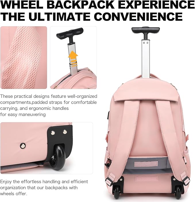 Boavan Rolling Backpack for Women, 17.3 Inch Wheeled Laptop Backpack,Large Travel Carry-On Bag for Teachers College Students, USB Charging Port Waterproof Business for Airplane Overnight Luggage，Pink