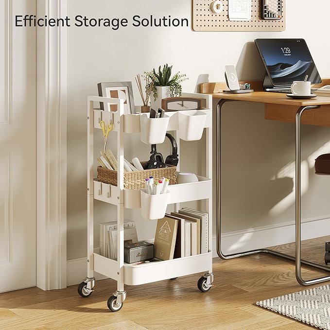 3 Tier Rolling Cart,Utility Cart with Locking Wheels, Hanging Cups,&Hooks, Heavy Duty Metal Storage Organizer Cart for Kitchen,Office, Bathroom,Craft Room,White