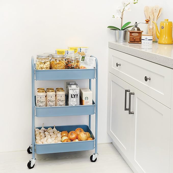 CAXXA 3-Tier Rolling Metal Storage Organizer - Mobile Utility Cart with Caster Wheels, Blue