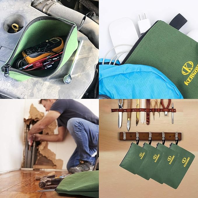 4 Pcs Upgrade Canvas Zipper Tool Pouch, 20 oz Heavy Duty Tool Bag, Water Resistant Utility tools Organizer, 7.5/9.5/11.5/13 inch Spacious Storage Pouches with Dependable YKK Nylon Zippers by KERNOWO