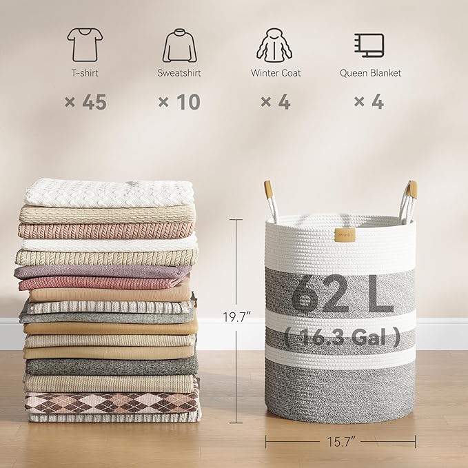 62L Striped Laundry Hamper with Leather Handles,Large Foldable Laundry Basket for Clothes,Cotton Rope Storage Bin for Blankets,Woven Clothes Basket for Bedroom,Gray Stripes