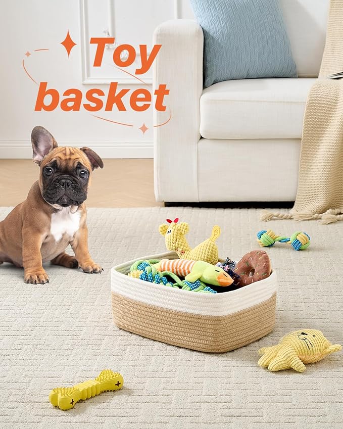Small Woven Basket, 13.5 x 9.5 x 5 Inches, Storage Basket for Organizing, Cute Small Rope Shelf Closet Cube Storage Bins Baskets for Shelves, Dog Toy Gift Baskets Empty, 3 Pack White & Brown