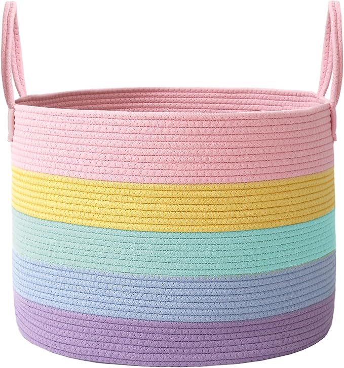 Woven Blanket Basket,115L Large Rope Storage Bin with Handles, Organizer for Blankets Toys Book and Clothes, Laundry Basket for Living Room Bedroom Nursery,Rainbow