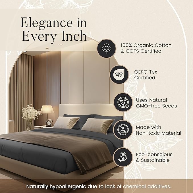 100% Organic Cotton Twin Sheets Set, 300TC Sateen Weave 3 PC Twin Bed Sheets, Fully Elasticated Sheet & Pillowcase Sets, Soft & Comfy No Lint Machine Washable Grey Sheet, Fade Resistant – Charcoal