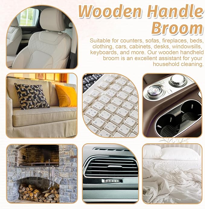 8 Pieces Woooden Dust Brush Hand Broom Bulk Bench Brush with Long Wood Handle Soft Bristle Whisk Broom for Counter Bed Sofa Bench Car Fireplace Clothes Household Cleaning