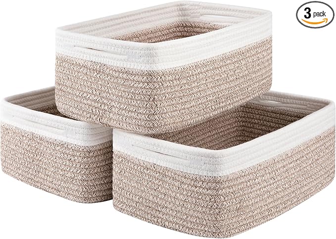 3 Pack Small Storage Baskets for Organizing, Cute Woven Decorative Gift Baskets for Shelves, Mini Closet Organizer Bins with Handles-13''Lx8.66''Wx5.11''H-Brown and White