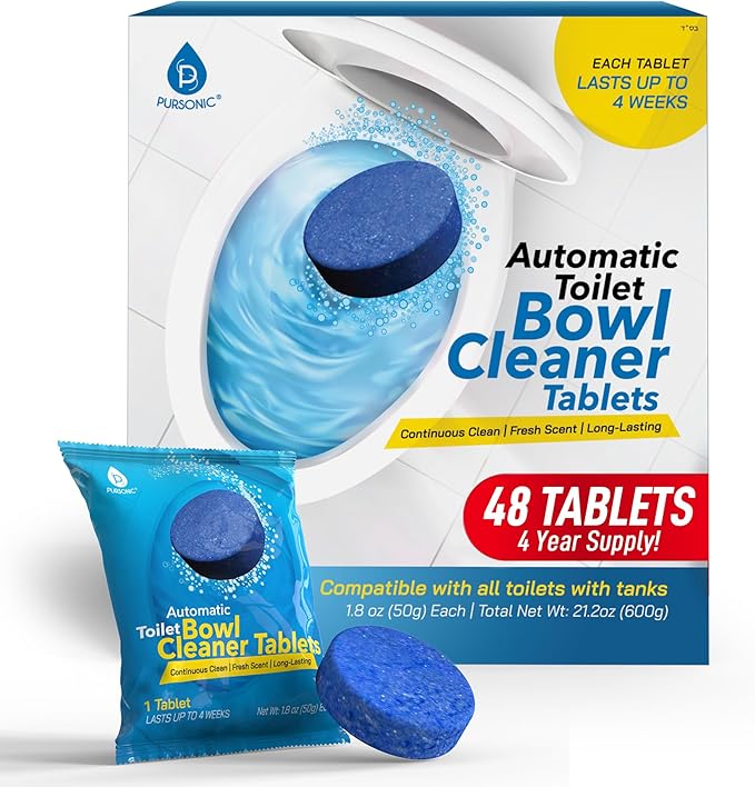 Automatic Toilet Bowl Cleaner Tablets Blue Gel Toilet Tank Cleaners, Septic-Safe Hard Water Ring Stain Remover, Smell Eliminator Heavy Duty Toilet Cleaning & Deodorizer, Fresh Scent - 48 Tabs