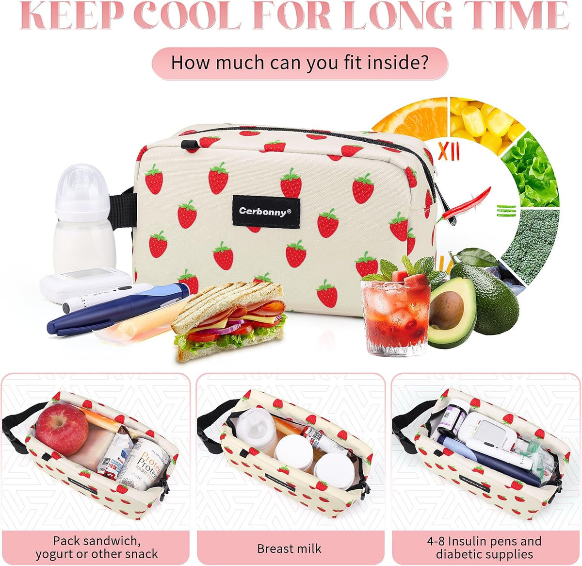 Small Cooler Bag Freezable Lunch Bag for Work School Travel,Small Lunch Bag,insulated snack bag For Adults/Kids,Mini Cooler,Lunch bag small Fit For Yogurt（Strawberries）