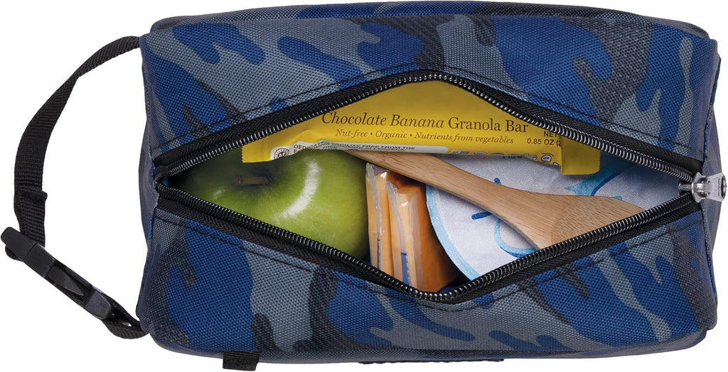 PackIt Freezable Snack Box, Sporty Camo Charcoal Navy, Built with ECOFREEZE Technology, Collapsible, Reusable, Zip Closure with Buckle Handle, Great for All Ages and Fresh Snacks on the go