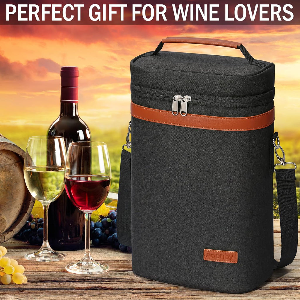 2 Bottle Wine Bag Wine Cooler Carrier Wine Gift Tote Bag, Leakproof & Insulated Bottle Bags for Travel, BYOB, Beach, Dinner, Party, Christmas Gifts for Wines Lovers Women Men - Black