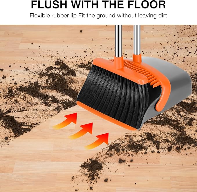 NACENA Broom and Dustpan Set, 52-in Long Adjustable Handle Broom Dustpan Combo with Dustpan Teeth to Automatically Clean Hair Suitable for Home Kitchen Office Hall Floor (Grey&Orange), 4 Pack