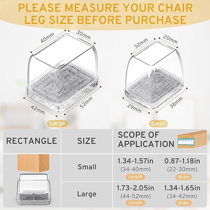 24PCS Rectangular Chair Leg Floor Protectors, Furniture Sliders, Non-Slip Felt Furniture Pads for Hardwood Floors, Silicone Cap Covers to Protect Floors,(Fit L :1.73-2.05", W: 1.34-1.65")