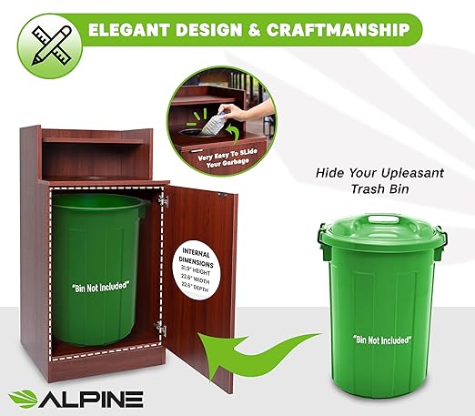 Alpine Restaurant Trash Bin Cabinet - Commercial Trash Can Garbage Receptacle Indoor with Tray Holder for 32 Gallon Garbage Bin (Mahogany)