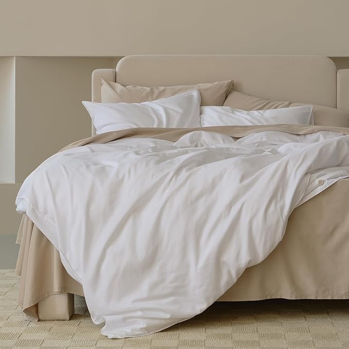 Double Stitch Cotton Tencel Duvet Cover - Queen Size Comforter Cover, Luxury & Soft Eucalyptus Lyocell Bedding Set for Hot Sleepers, Cooling & Breathable, Button Closure, Bright White, 90"x90"