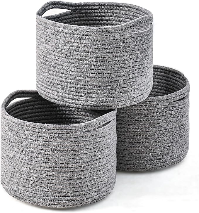 Small Storage Baskets for Organizing, Organizer Baskets for Shelves, Small Woven Basket for Storage, Cute Basket for Gifts Empty, Soft Cotton Rope Baskets, 9.7"×9.7"×7" (3 Packs) Grey