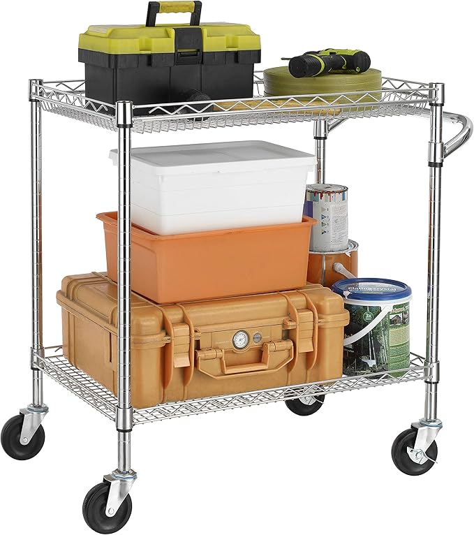 Finnhomy 3 Tier Heavy Duty Commercial Grade Utility Cart with Wood Top, Wire Rolling Cart with Handle Bar, Steel Service Cart with Wheels, Utility Shelf Food Storage Trolley, NSF Listed
