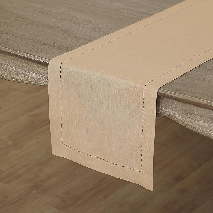 Solino Home Linen Beige Table Runner 90 Inches Long - 100% Pure Linen 14 x 90 Inch Table Runner for Christmas, New Year - Classic Hemstitch