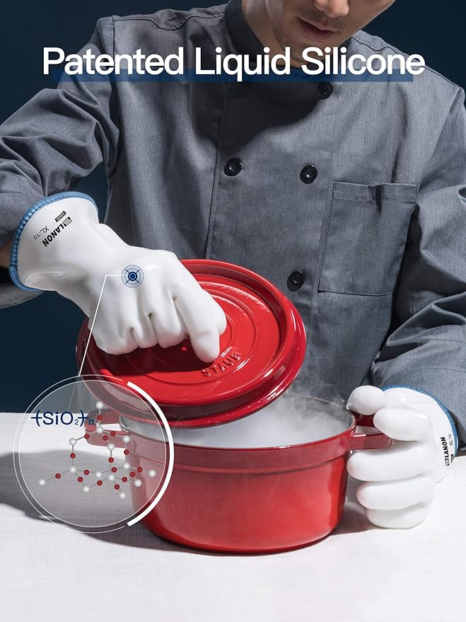 LANON Protection Wahoo Liquid Silicone Smoker Oven Gloves, Food-Contact Grade, Heat Resistant Gloves for Cooking, Grilling, Baking, White, XL/10