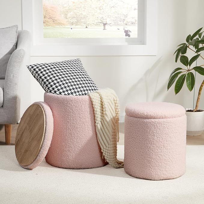 Boucle Round Ottoman with Storage Set of 2,Small Foot Stool Ottoman for Living Room, Small Coffee Table,Vanity Stool with Storage for Bedroom, Pink