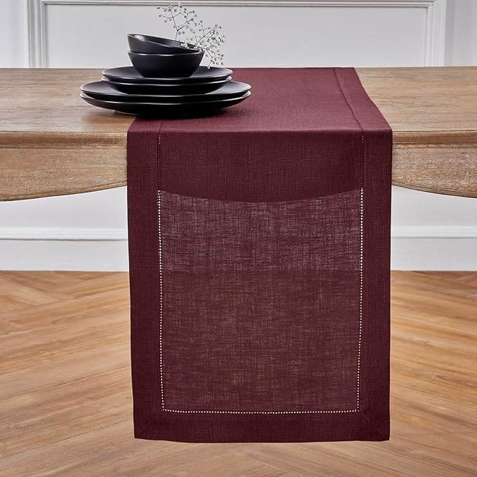 Solino Home Linen Burgundy Table Runner 132 Inches Long - 100% Pure Linen Extra Long Table Runner 14 x 132 Inch for Christmas, Winter, New Year - Classic Hemstitch