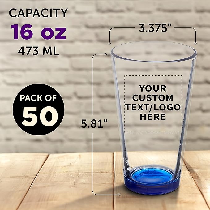 Custom Libbey Pint Glass 16 oz. Set of 50, Personalized Bulk Pack - Beer Glasses, Heavy Duty Drinkware - Blue