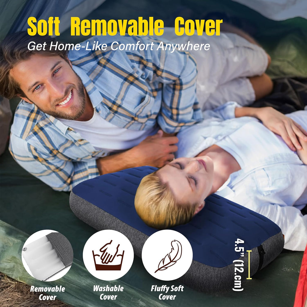 TREKOLOGY Camping Pillow - Large Inflatable (24"x15") for Home-Like Comfort, Portable & Ergonomic, Easy to Clean, Durable & Leak-Proof, Removable Strap for Secure Fit – ALUFT Ultra (Blue)