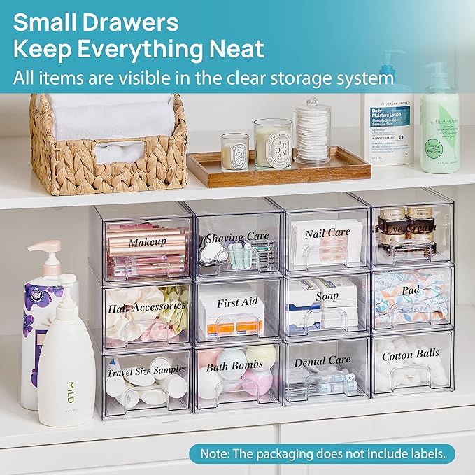 Vtopmart 6 Pack Clear Stackable Storage Drawers, 4.4'' Tall Acrylic Bathroom Makeup Organizer,Plastic Storage Bins For Vanity, Undersink, Kitchen Cabinets, Pantry, Home Organization and Storage