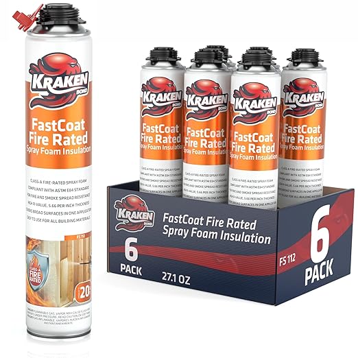 Kraken Bond Fastcoat Fire Rated Spray Foam Insulation Kit Closed Cell in a Can 120 sq ft (6x27.1 oz.) (R-Value 11.32 / 2in) - Spray Foam for Garage Door, Attic, Wall Gun & Cleaner Not Included, 6 Pack