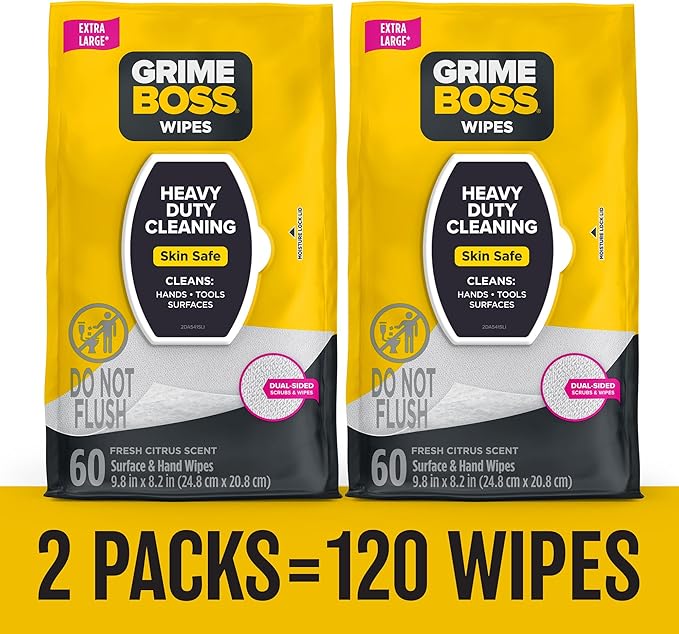 Grime Boss Heavy Duty Surface and Hand Wipes (2x60ct) | Wet Wipes Remove Paint, Oil, Grease, Adhesives, Mud, Dirt | Shop Wipes Replace Cleaners like Rags, Towels, Pumice, Soap