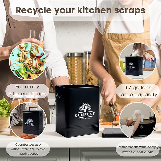 PERFNIQUE Kitchen Compost Bin, 1.7 Gallon Countertop Compost Bin with Lid, Indoor Compost Bin Includes 2 Carbon Filters, Small Compost Bucket, Food Waste Bin for Kitchen with Trash Bags (Matte Black)