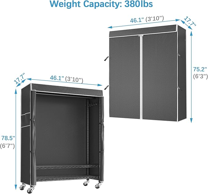 VIPEK R3C Plus Garment Rack - Rolling Clothes Rack with Locking Wheels, Heavy Duty Portable Closet with Adjustable Shelves & Side Hooks, Black
