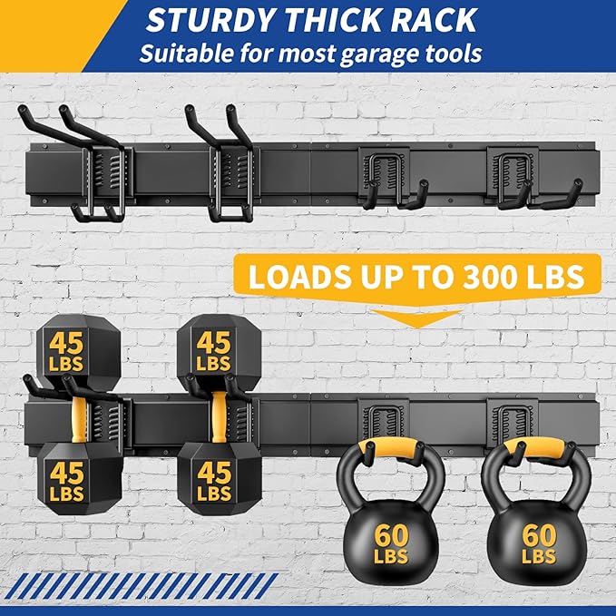 32 Inches Garage Storage, Garage Organization, Wall Mount Garden Tool Organizer, Max 300lbs Adjustable Metal Hooks, Yard Shed Hanging Rack, Heavy Duty Shelving for Rake Broom Mop Snowboard