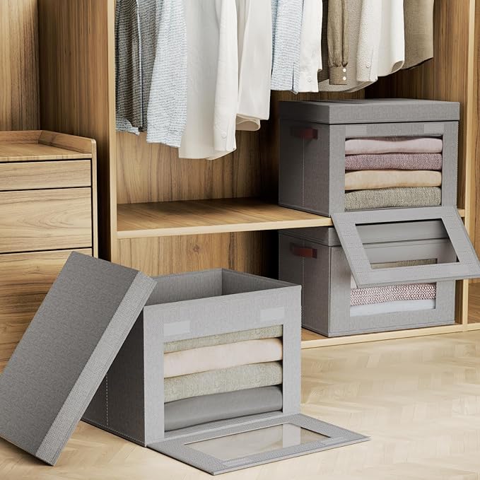 Large Storage Bins with Lids,Stackable&Collapsible Closet Storage Bins,Oxford Fabric Organizer Box with Clear Window,Large Decorative Storage Boxes for Shelves,Wardrobe,Living Room,Dorm(Grey)