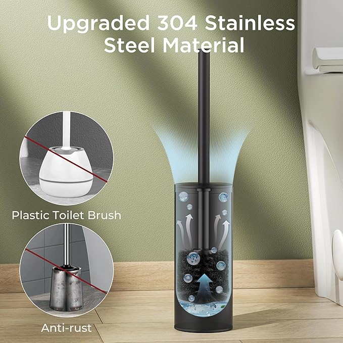 Toilet Brush and Holder Set, Toilet Bowl Brush with Heavy Duty 304 Stainless Steel Base and Extra Long Handle, Toilet Bowl Cleaners Brush for Bathroom (Matte Black)