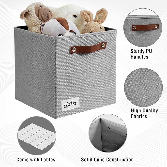 Collapsible Fabric Storage Cube Bins with 2 Reinforced PU Handles, Foldable Storage Organizer Baskets for Closet, Shelves, Living Room | 11"x11"x11", 4 Pack, Full Gray