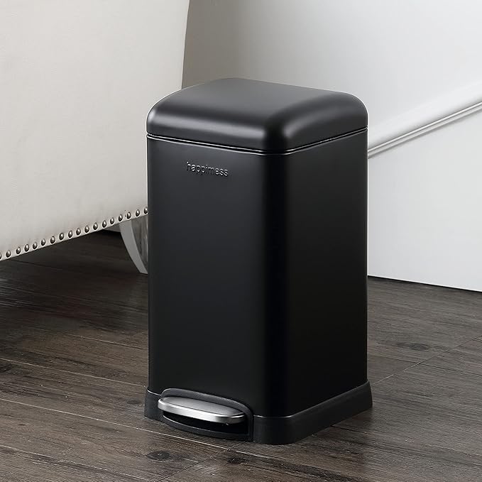 happimess HPM1012B Betty Retro Mini 3.2-Gallon Step-Open Trash Can with Soft-Close Lid, Modern, Minimalistic, Fingerprint Proof for Home, Kitchen, Laundry Room, Office, Bedroom, Bathroom, Black