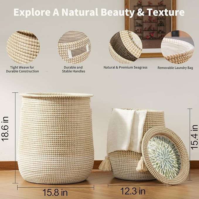 Round Seagrass Laundry Hamper with Lid, 2-Piece Set - Eco-Friendly Storage Basket for Clothes, Toys, and More - Natural Woven Design for Home, Bedroom, Bathroom