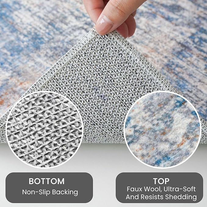 IOHOUZE Abstract Area Rugs 5x7 Ft Washable Rugs for Living Room, Non Slip Dining Room Rug, Printed Faux Wool Rugs for Bedroom, Floor Carpet for Office Nursery Playroom, Blue Rust