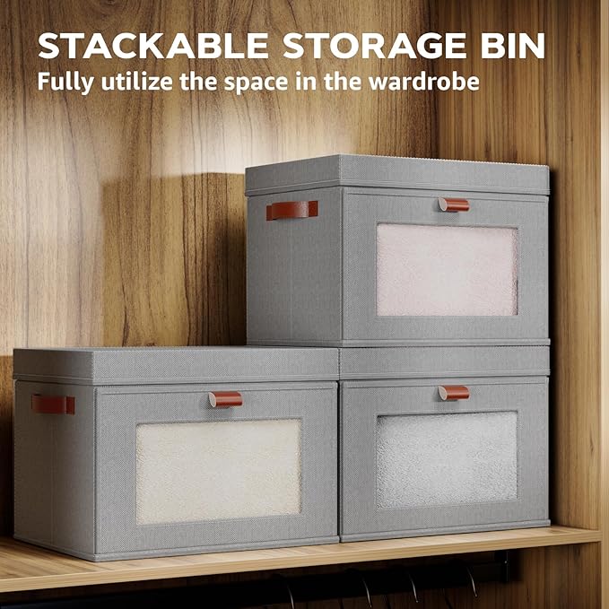 Large Storage Bins with Lids,Stackable&Collapsible Closet Storage Bins,Oxford Fabric Organizer Box with Clear Window,Large Decorative Storage Boxes for Shelves,Wardrobe,Living Room,Dorm(Grey)