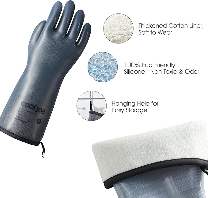 COOLJOB Heat Resistant Oven Gloves, Waterproof Liquid Silicone BBQ Grilling Gloves for Barbecue, Kitchen Cleaning, Baking, Food Contact, Black, Large