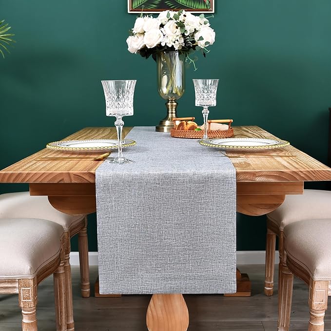 NEWISHER Farmhouse Rustic Table Runner Solid Grey Rectangular Table Runners Faux Linen Table Runner for Everyday Use Kitchen Dining Party Table 13x60 Inch