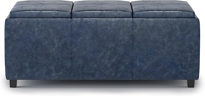 SIMPLIHOME Avalon 42 inch Wide Contemporary Rectangle Storage Ottoman in Denim Blue Vegan Faux Leather, Assembled, for the Living Room, Entryway and Family Room