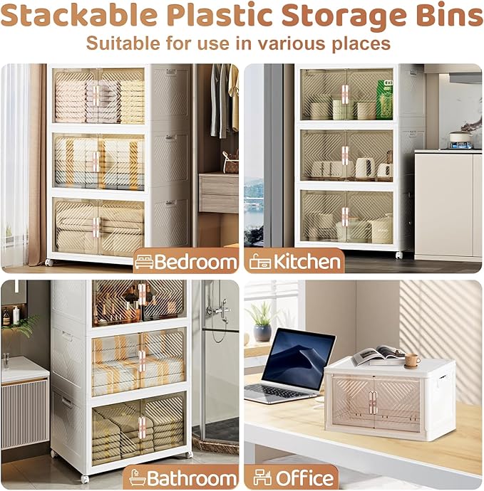 Storage Bins with Lid 76QT, Stackable Storage Containers with Wheels and Magnetic Doors, Plastic Clothes Closet Organizers and Storage Box for Pantry, Home and Office (3 Pack)
