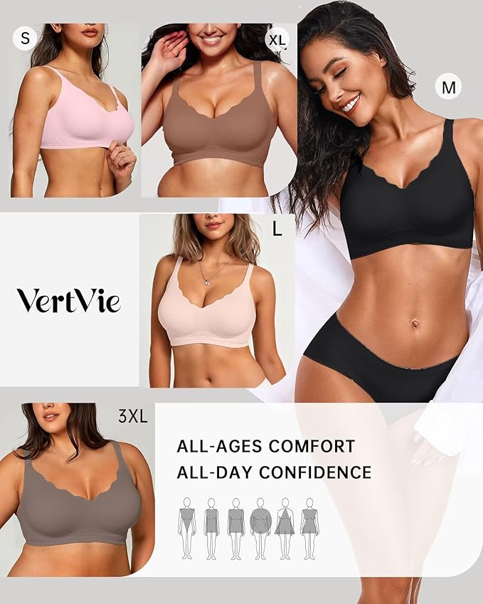 Vertvie Womens Seamless Bras No Underwire Supportive Wireless Push Up Full Coverage Bralette Comfort Scalloped T-Shirt Bra