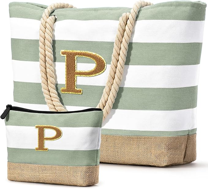 Becokan Beach Bag Initial Beach Tote with Makeup Bag for Travel Work Storage Personalized Birthday Gifts for Women Her