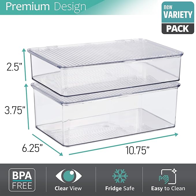 Sorbus Sturdy Plastic Storage Bins with Lid- Stackable Refrigerator Organizer Bins- MultiPurpose Versatile Lightweight Pantry Organizer- Perfect Cabinet Organizer and Storage for Kitchen- 2 Pack (S,M)