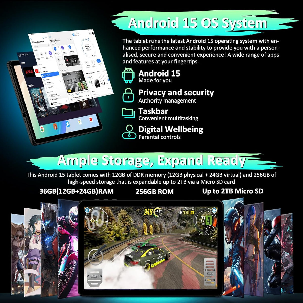 Android Tablet, 11" Android 15 Tablet, 2K FHD Display Tablets, 36GB RAM (12+24) & 256GB ROM,1TB Expandtion, Octa-Core, 8000mAh, WiFi 6, BT 5.0, HD IPS Large tableta, Keyboard & Mouse Included