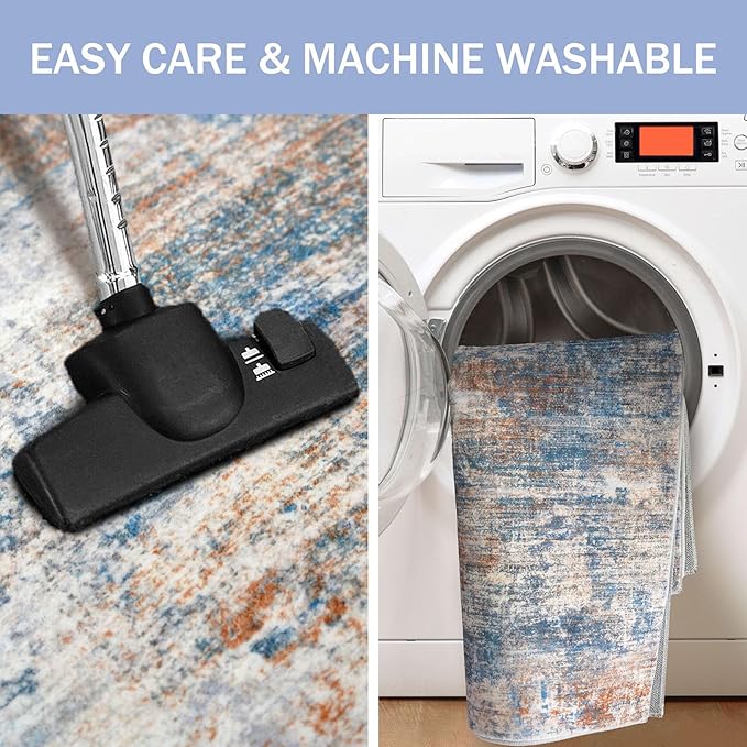 IOHOUZE Abstract Area Rugs 5x7 Ft Washable Rugs for Living Room, Non Slip Dining Room Rug, Printed Faux Wool Rugs for Bedroom, Floor Carpet for Office Nursery Playroom, Blue Rust